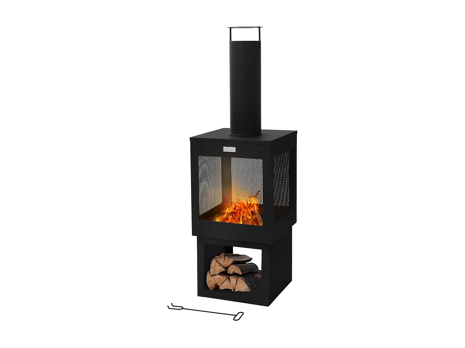 Cheminée de jardin 128x40 cm carrée noire en acier avec tisonnier toit amovible et support à bois poêle de terrasse brasero d'extérieur forme de coupe
