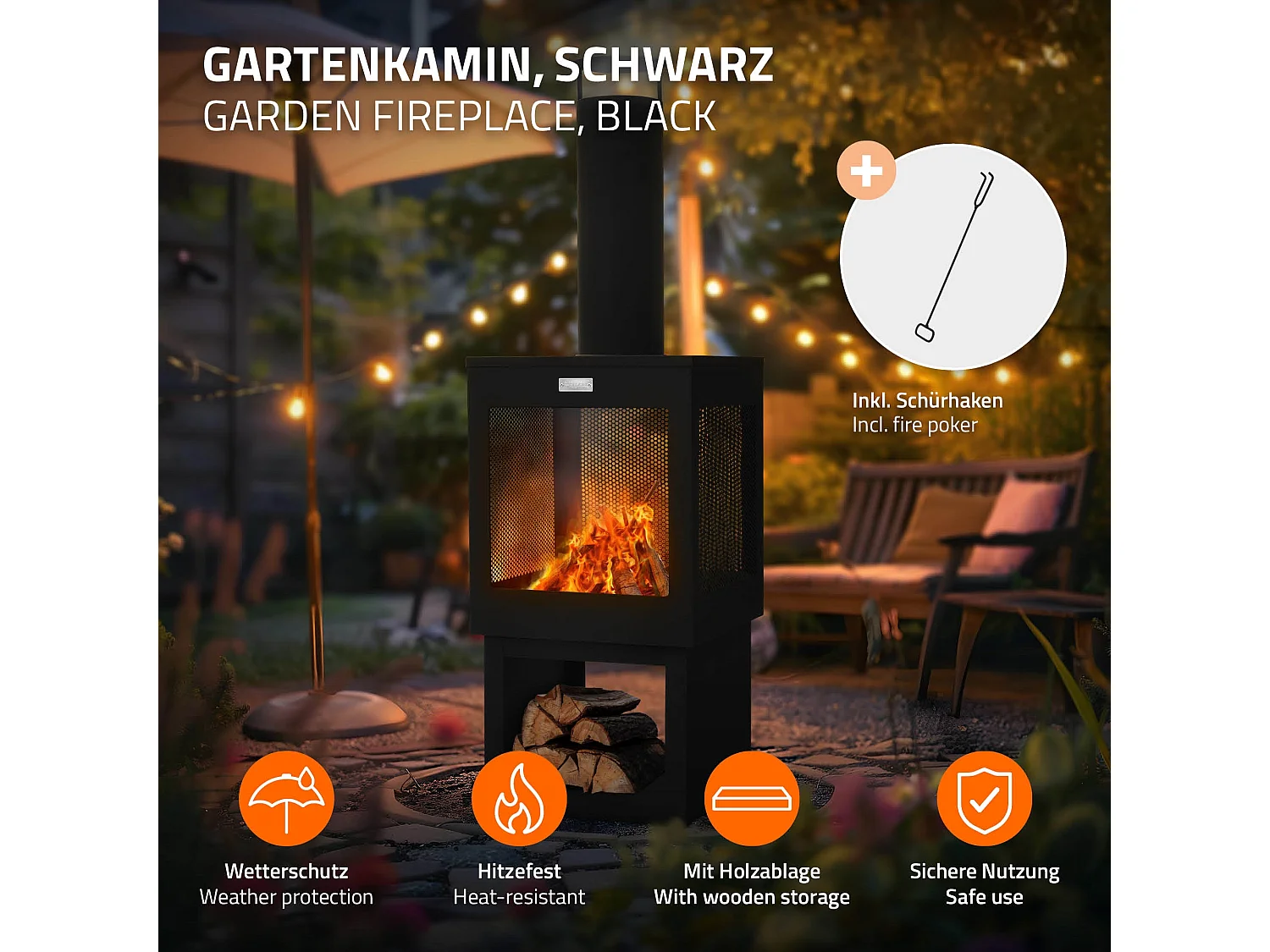 Cheminée de jardin 128x40 cm carrée noire en acier avec tisonnier toit amovible et support à bois poêle de terrasse brasero d'extérieur forme de coupe