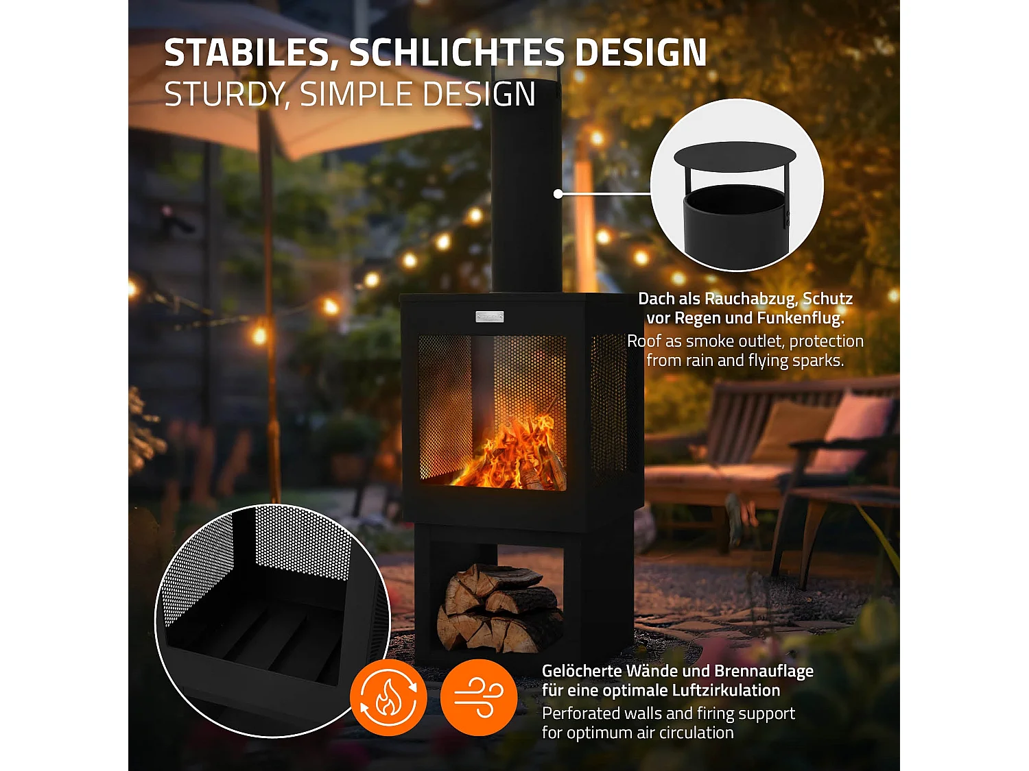 Cheminée de jardin 128x40 cm carrée noire en acier avec tisonnier toit amovible et support à bois poêle de terrasse brasero d'extérieur forme de coupe