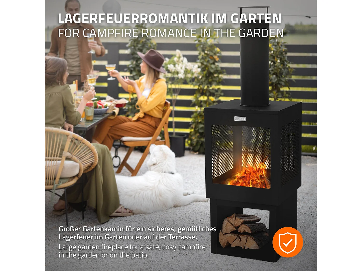 Cheminée de jardin 128x40 cm carrée noire en acier avec tisonnier toit amovible et support à bois poêle de terrasse brasero d'extérieur forme de coupe