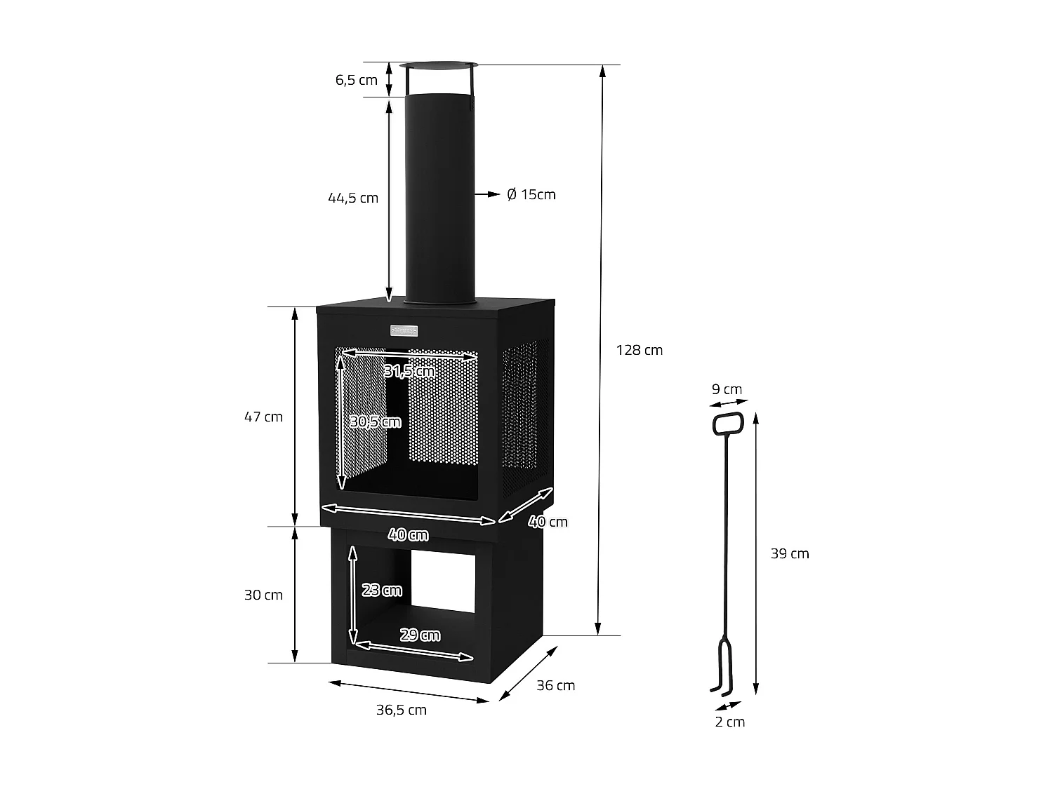 Cheminée de jardin 128x40 cm carrée noire en acier avec tisonnier toit amovible et support à bois poêle de terrasse brasero d'extérieur forme de coupe