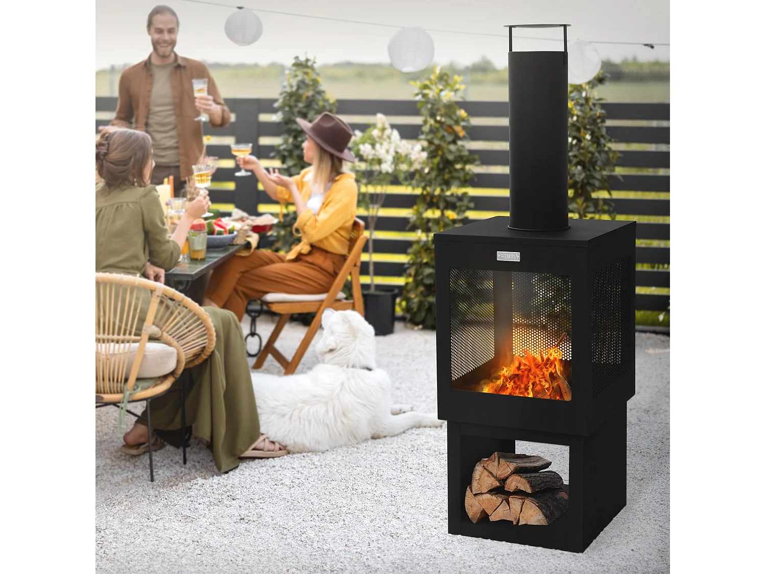 Cheminée de jardin 128x40 cm carrée noire en acier avec tisonnier toit amovible et support à bois poêle de terrasse brasero d'extérieur forme de coupe