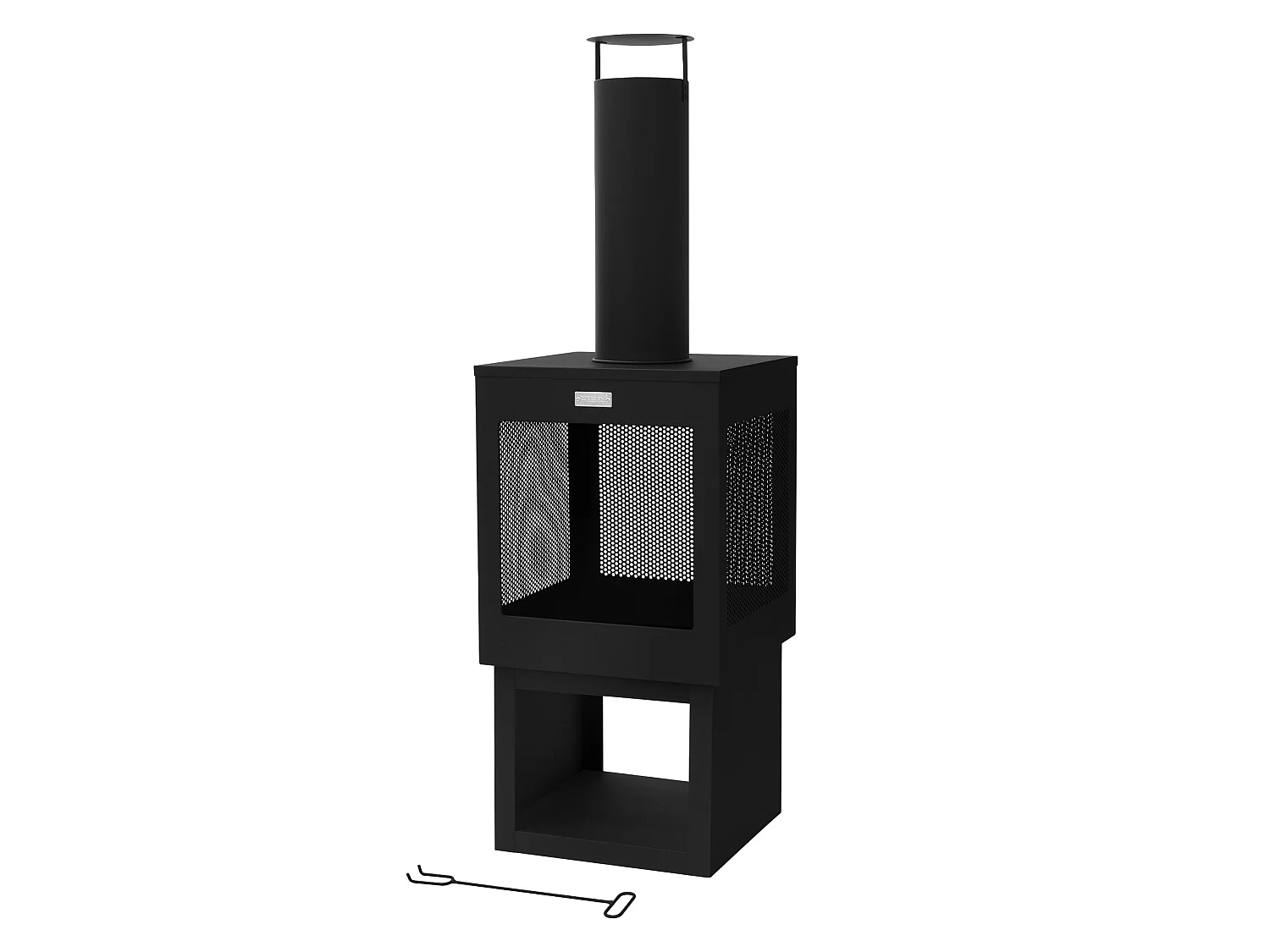 Cheminée de jardin 128x40 cm carrée noire en acier avec tisonnier toit amovible et support à bois poêle de terrasse brasero d'extérieur forme de coupe