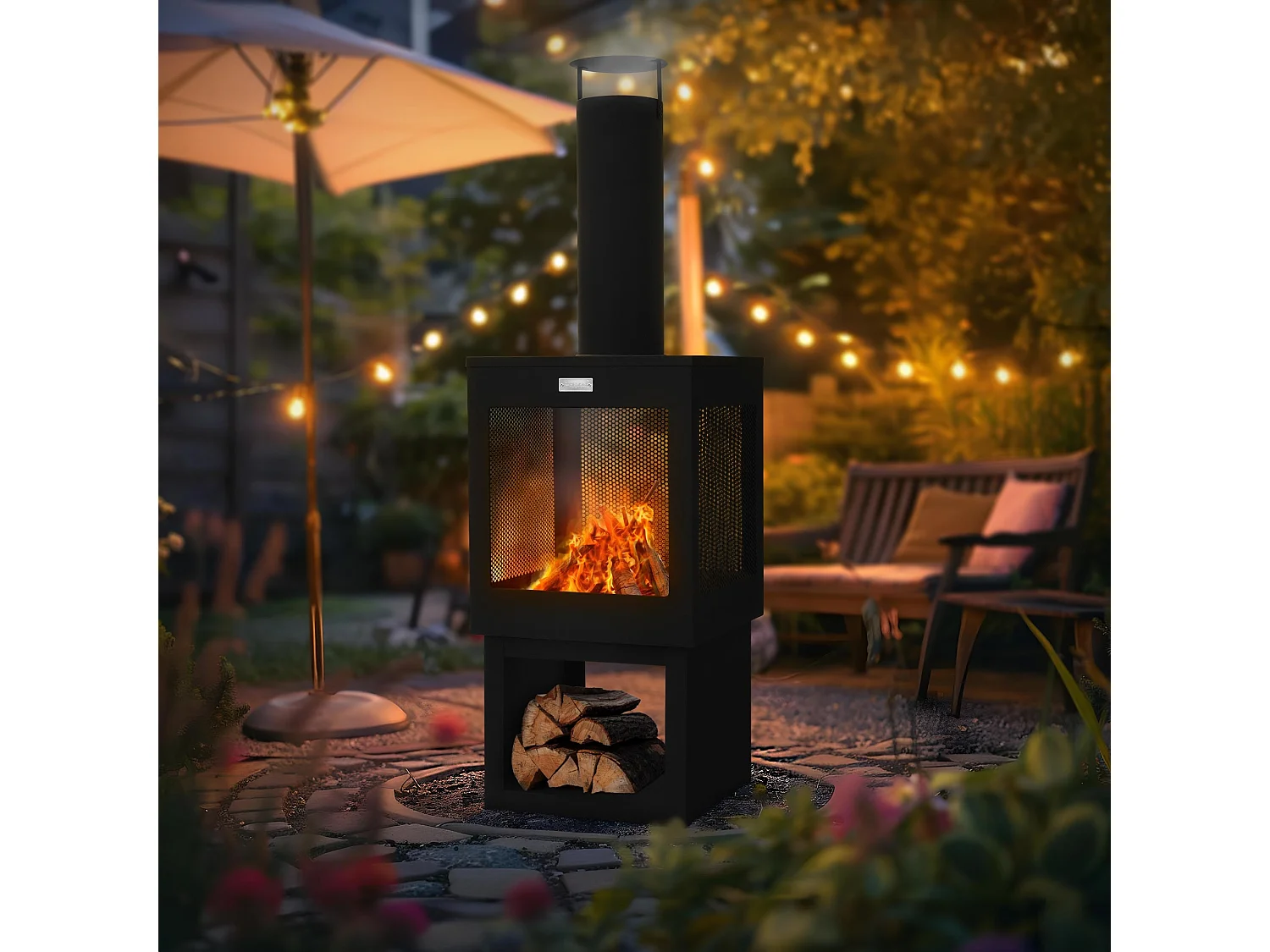 Cheminée de jardin 128x40 cm carrée noire en acier avec tisonnier toit amovible et support à bois poêle de terrasse brasero d'extérieur forme de coupe