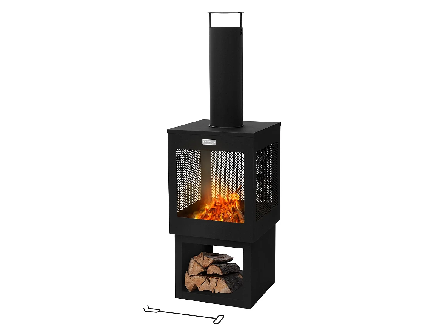 Cheminée de jardin 128x40 cm carrée noire en acier avec tisonnier toit amovible et support à bois poêle de terrasse brasero d'extérieur forme de coupe