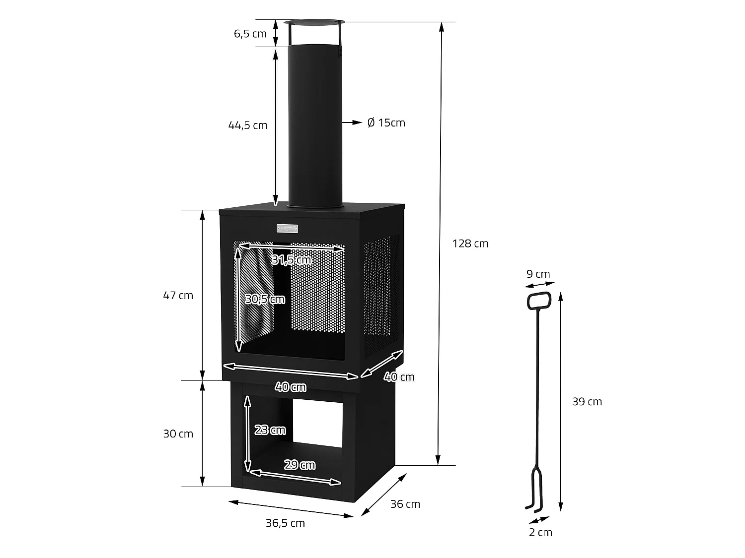 Cheminée de jardin 128x40 cm carrée noire en acier avec tisonnier toit amovible et support à bois poêle de terrasse brasero d'extérieur forme de coupe