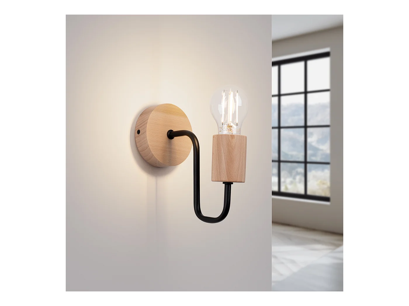 Luminária de parede Zimbo sótão, aço/madeira - 1 fontes de luz 4000K - L.8 x H.18.5 cm - madeira preta/natural