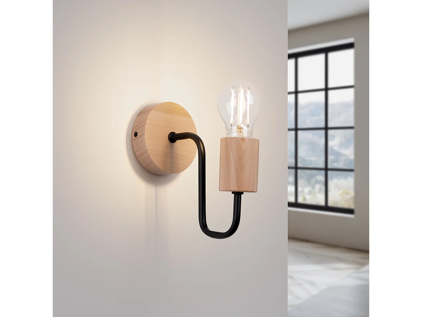 Applique Zimbo grenier en acier/bois - 1 sources lumineuses 4000K - L.8 x H.18,5 cm - noir/bois naturel