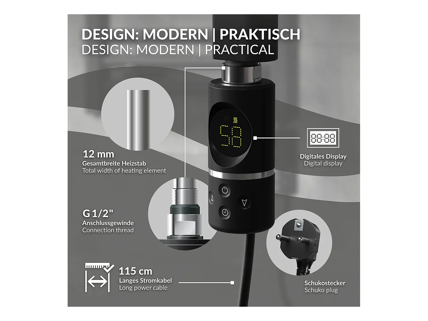 Élément chauffant noir 900W avec thermostat et affichage digital résistance électrique seche serviette régulateur température thermoplongeur radiateur