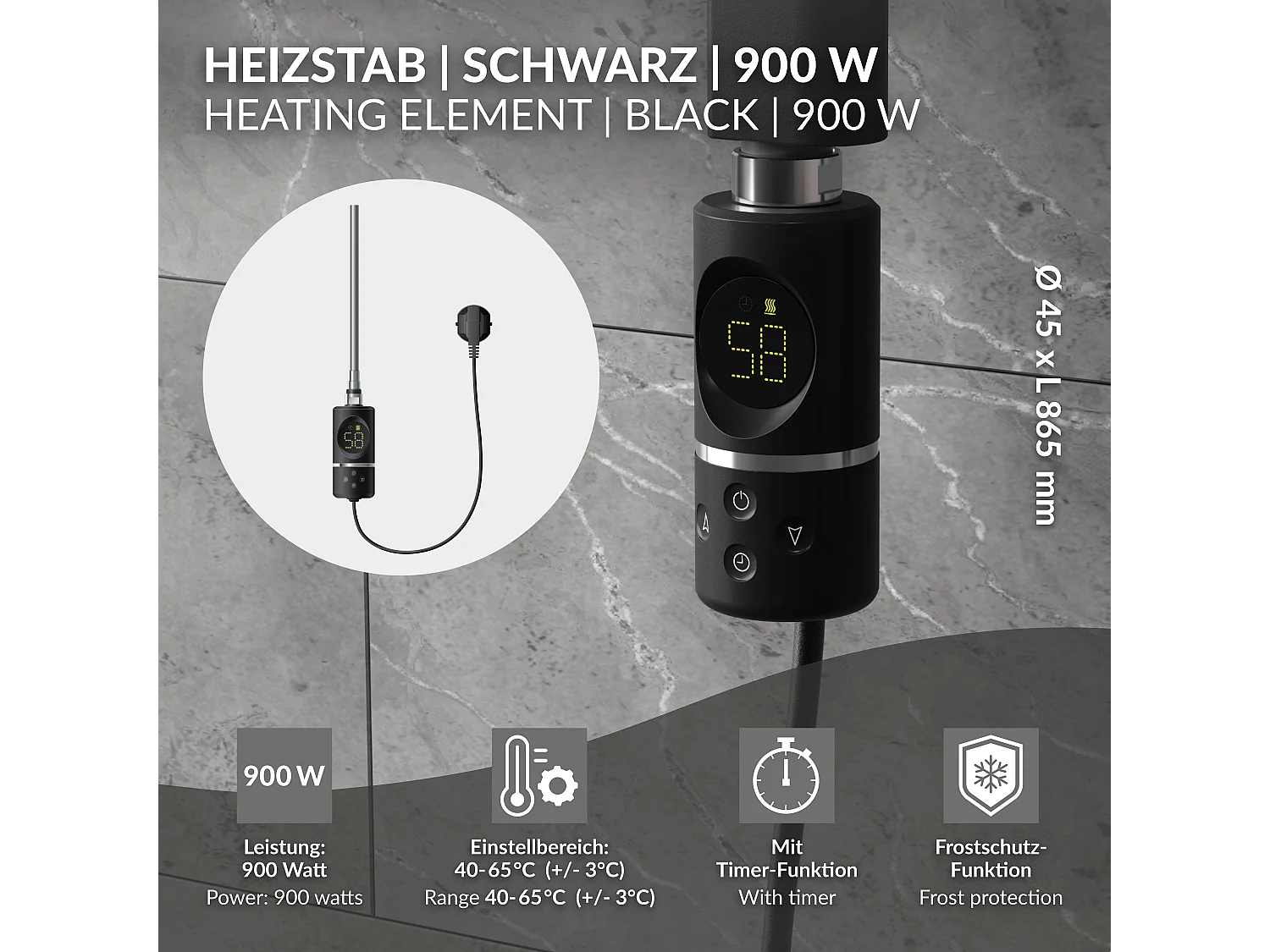 Élément chauffant noir 900W avec thermostat et affichage digital résistance électrique seche serviette régulateur température thermoplongeur radiateur