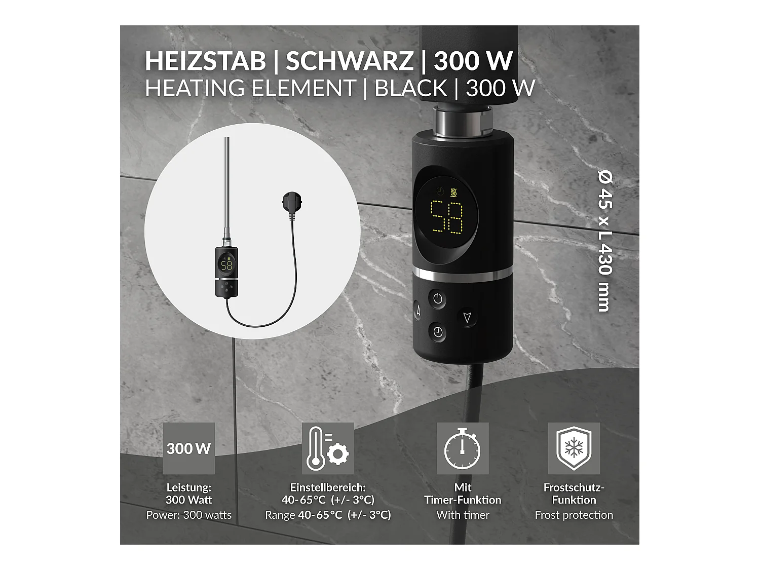 Élément chauffant noir 300W avec thermostat et affichage digital résistance électrique seche serviette régulateur température thermoplongeur radiateur