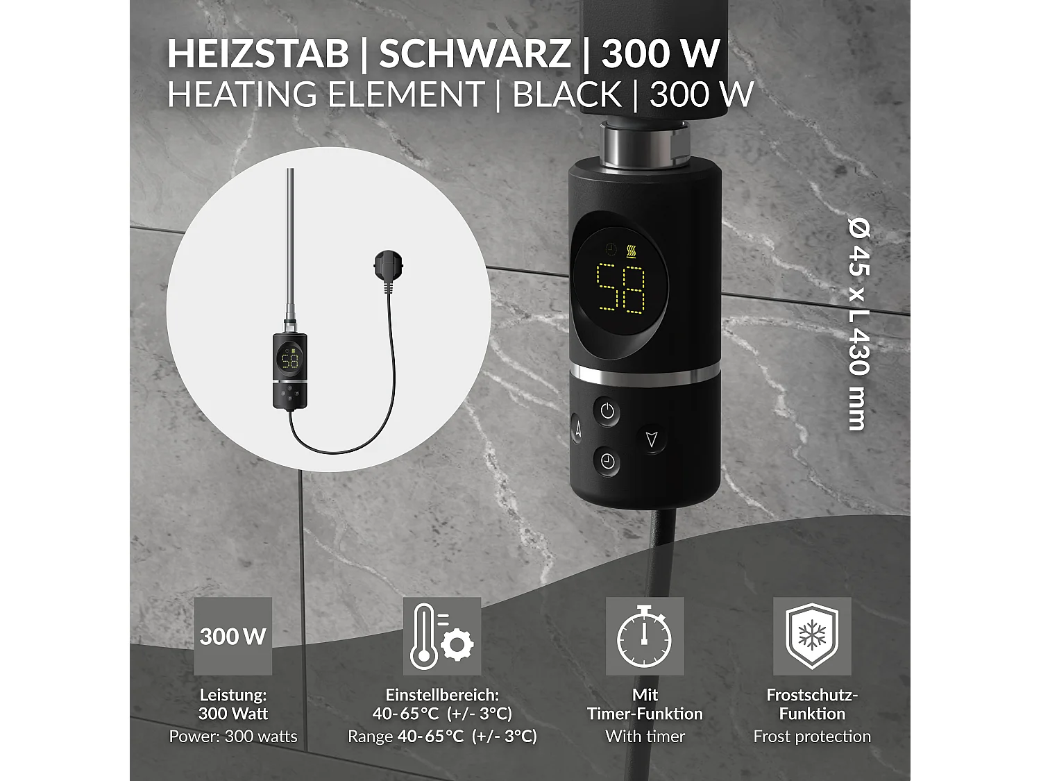 Élément chauffant noir 300W avec thermostat et affichage digital résistance électrique seche serviette régulateur température thermoplongeur radiateur