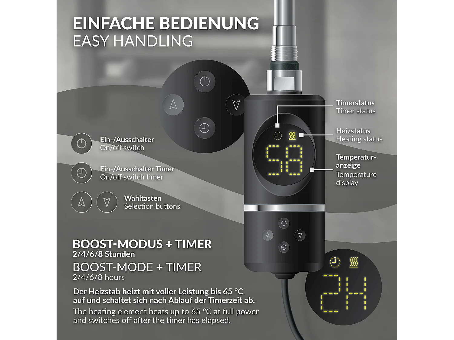 Élément chauffant noir 300W avec thermostat et affichage digital résistance électrique seche serviette régulateur température thermoplongeur radiateur