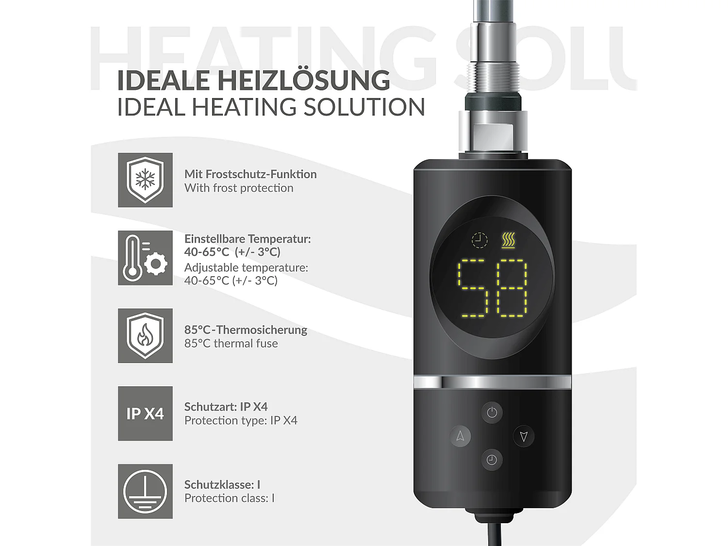 Élément chauffant noir 300W avec thermostat et affichage digital résistance électrique seche serviette régulateur température thermoplongeur radiateur