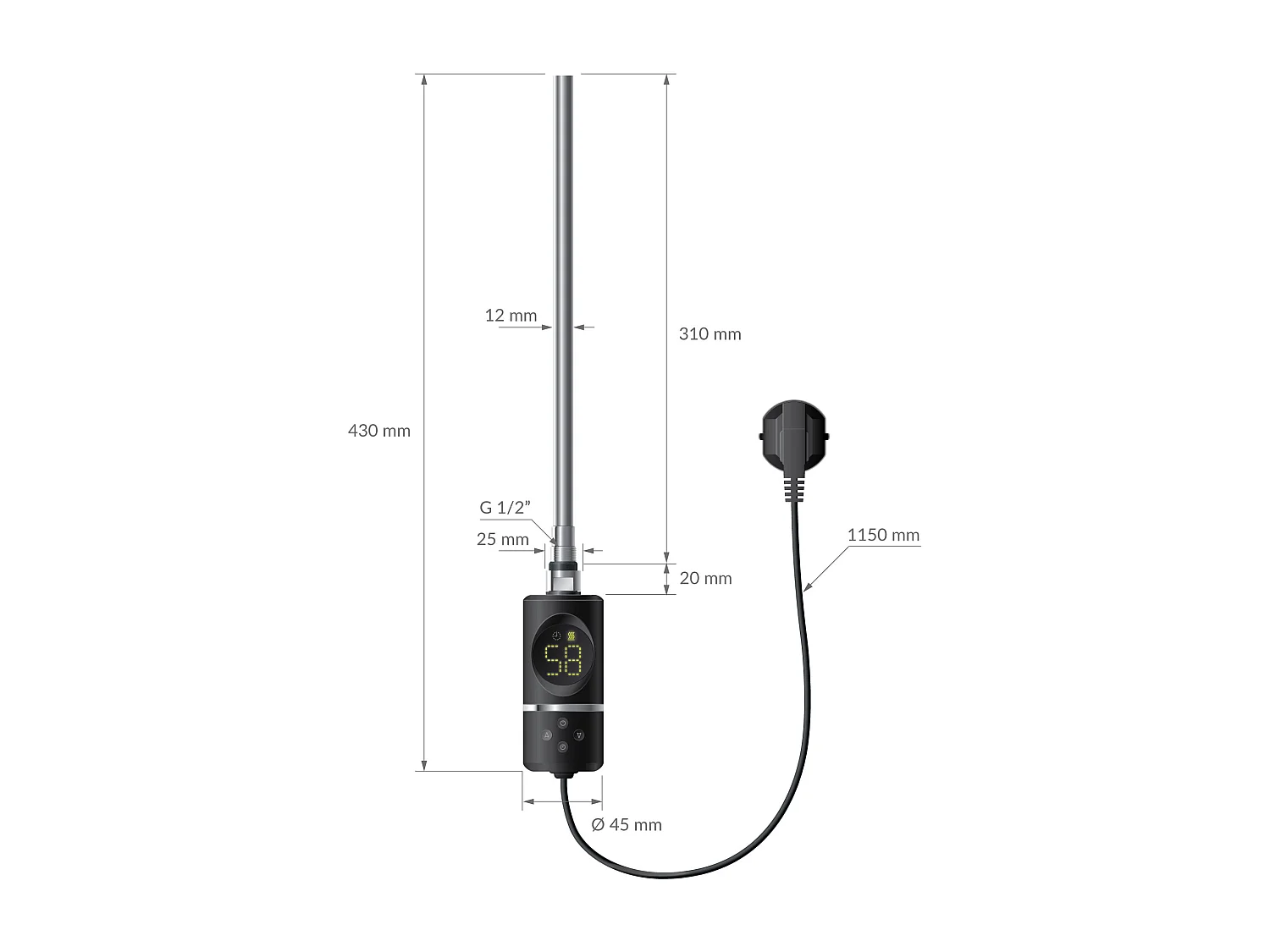 Élément chauffant noir 300W avec thermostat et affichage digital résistance électrique seche serviette régulateur température thermoplongeur radiateur