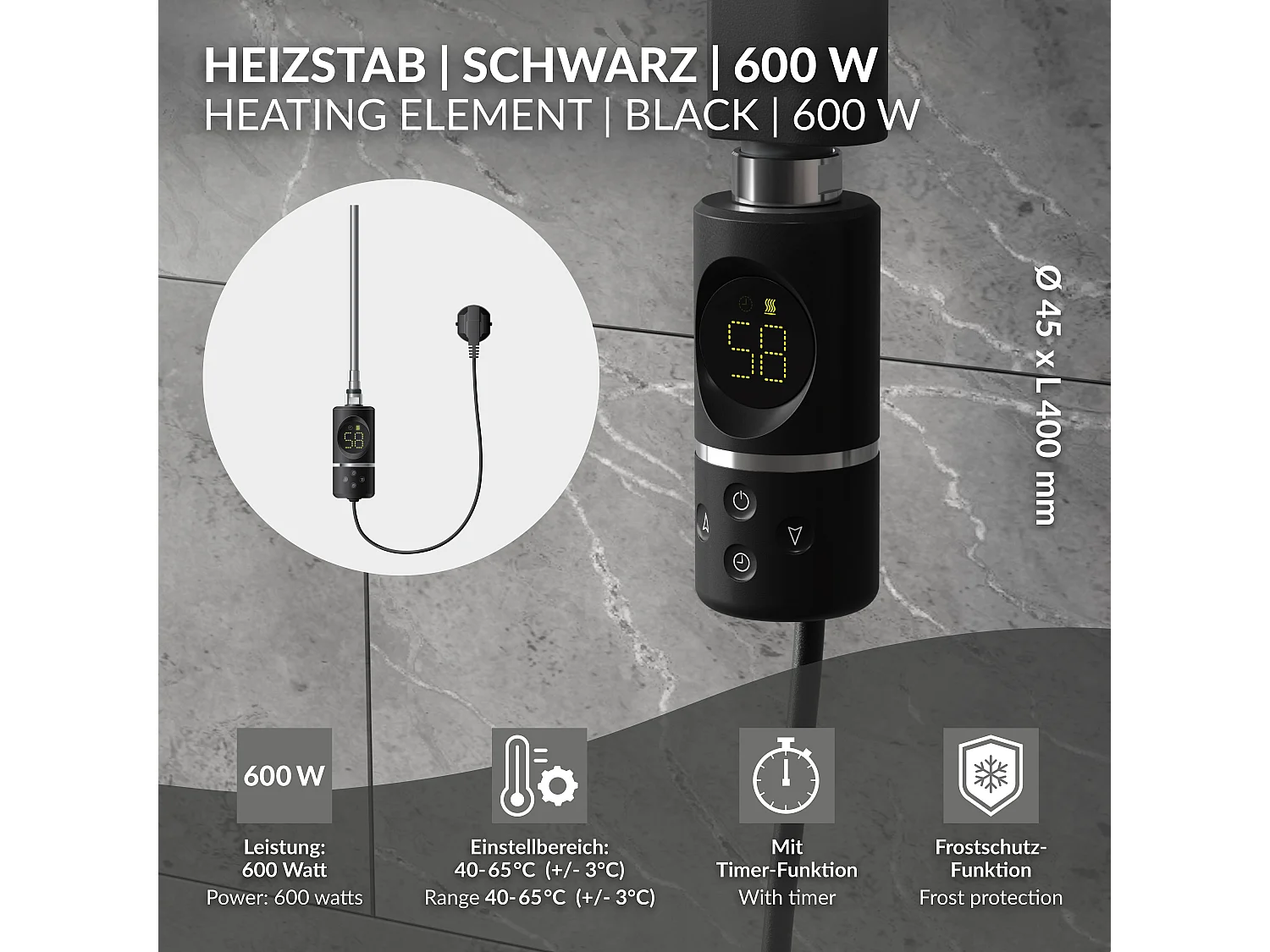 Élément chauffant noir 600W avec thermostat et affichage digital résistance électrique seche serviette régulateur température thermoplongeur radiateur