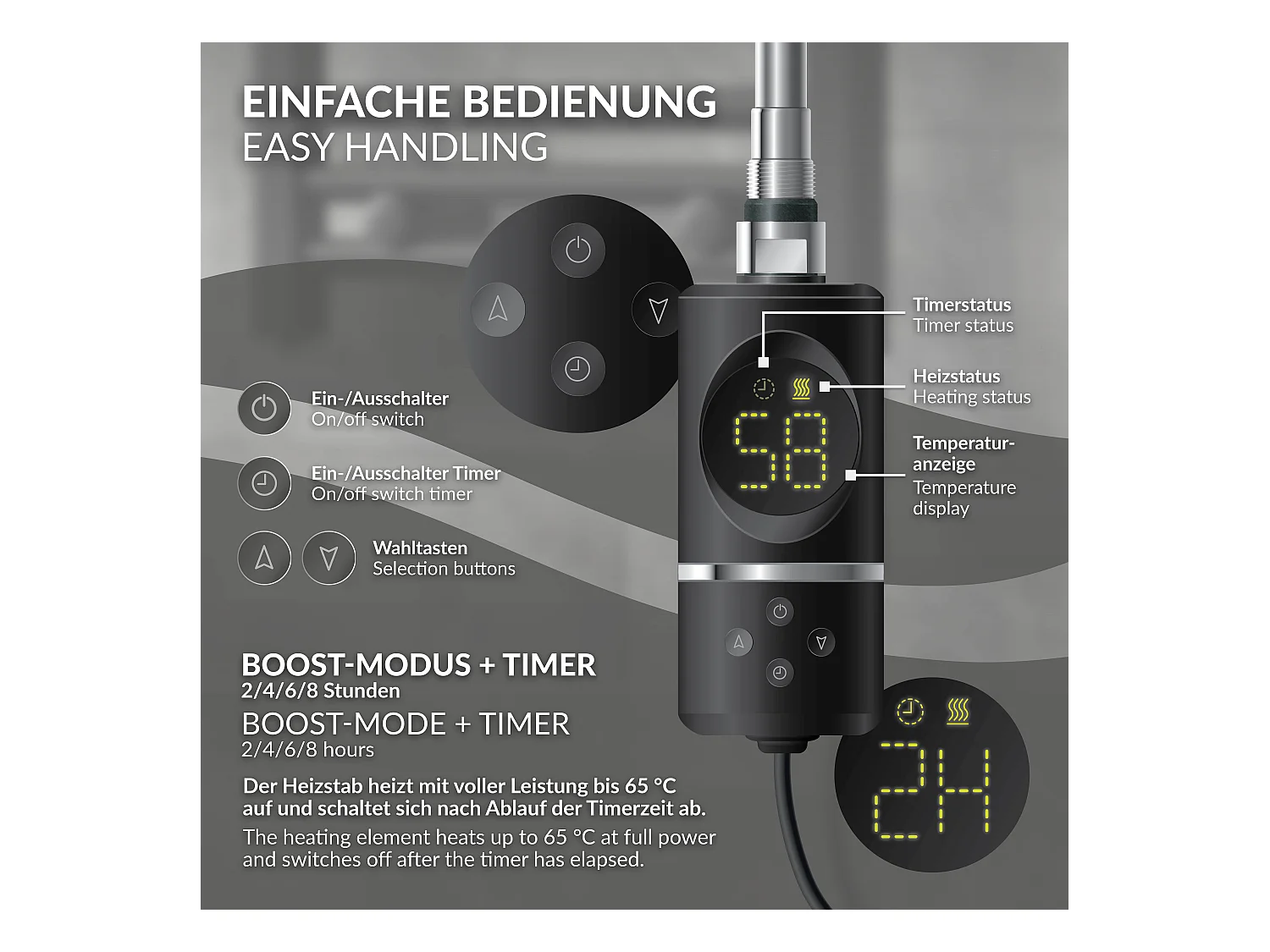 Élément chauffant noir 1200W avec thermostat/affichage digital résistance électrique seche serviette régulateur température thermoplongeur radiateur