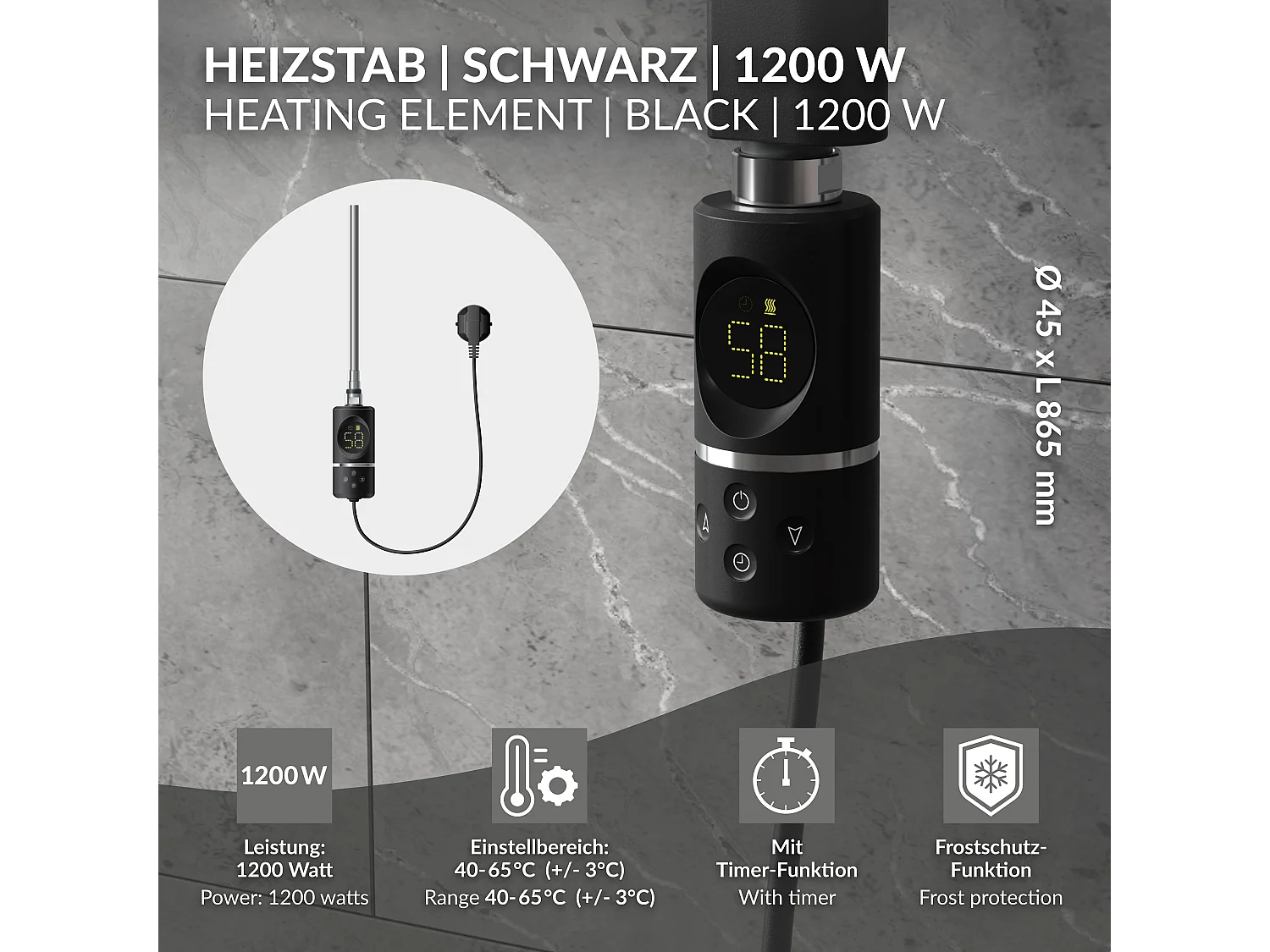 Élément chauffant noir 1200W avec thermostat/affichage digital résistance électrique seche serviette régulateur température thermoplongeur radiateur