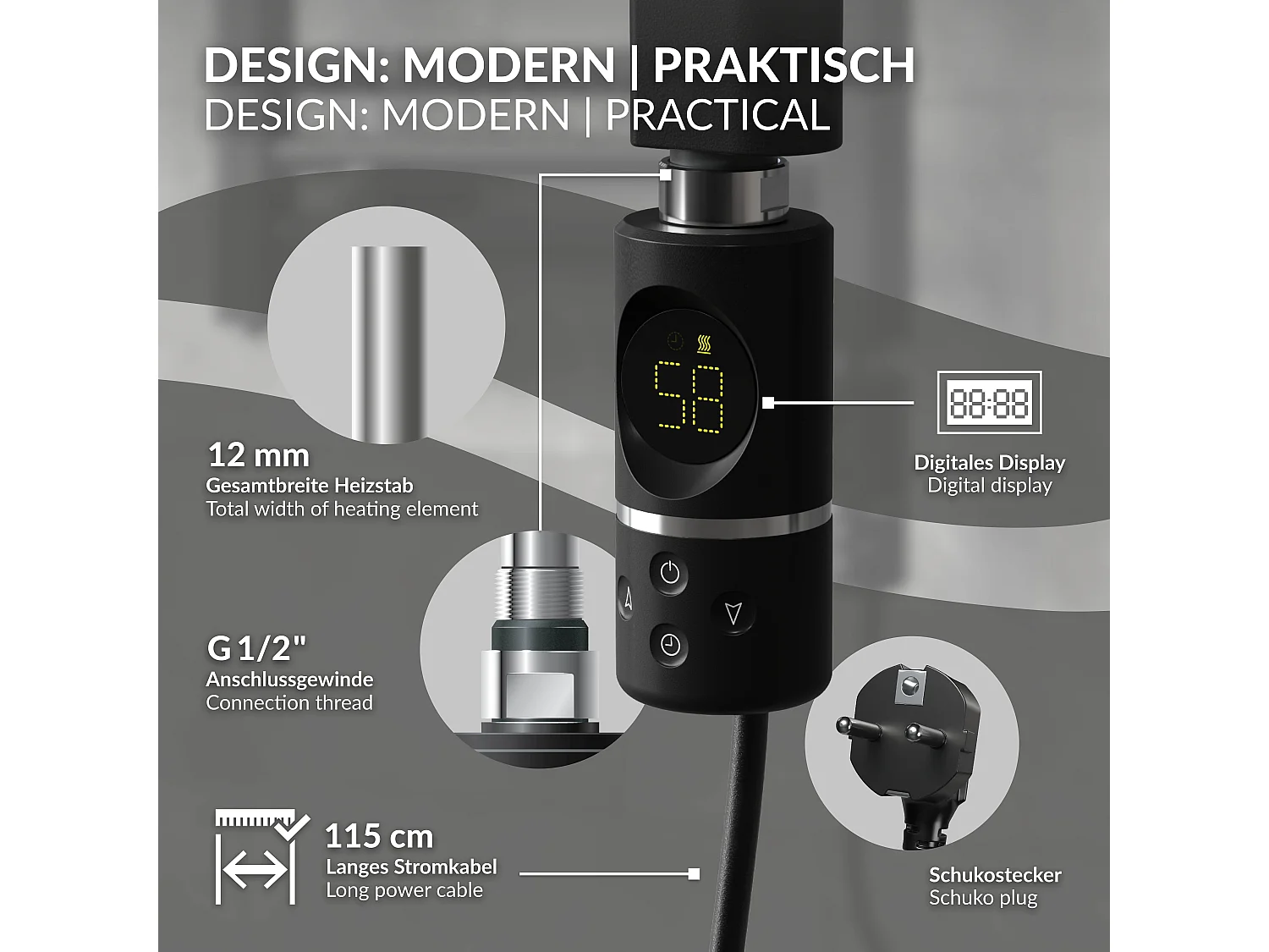 Élément chauffant noir 1200W avec thermostat/affichage digital résistance électrique seche serviette régulateur température thermoplongeur radiateur