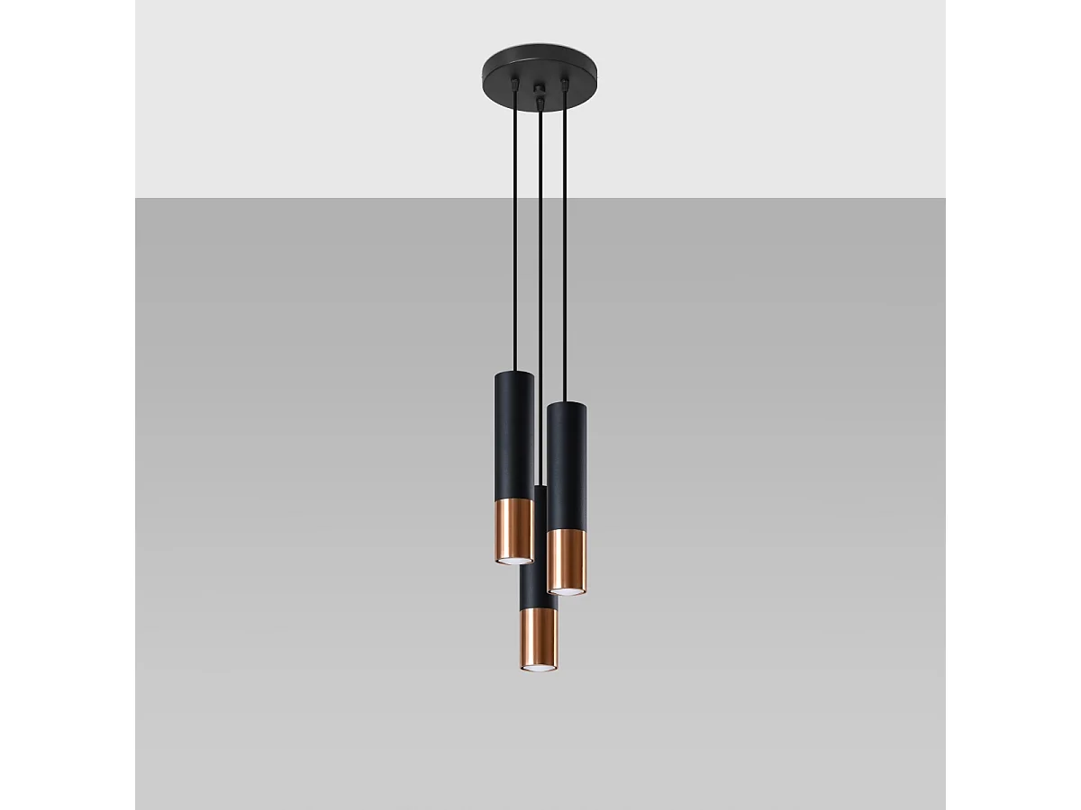 Lampes suspendues Zarpex moderne en acier - 3 sources lumineuses 3000K - L.20 x H.90 cm - noir/cuivre
