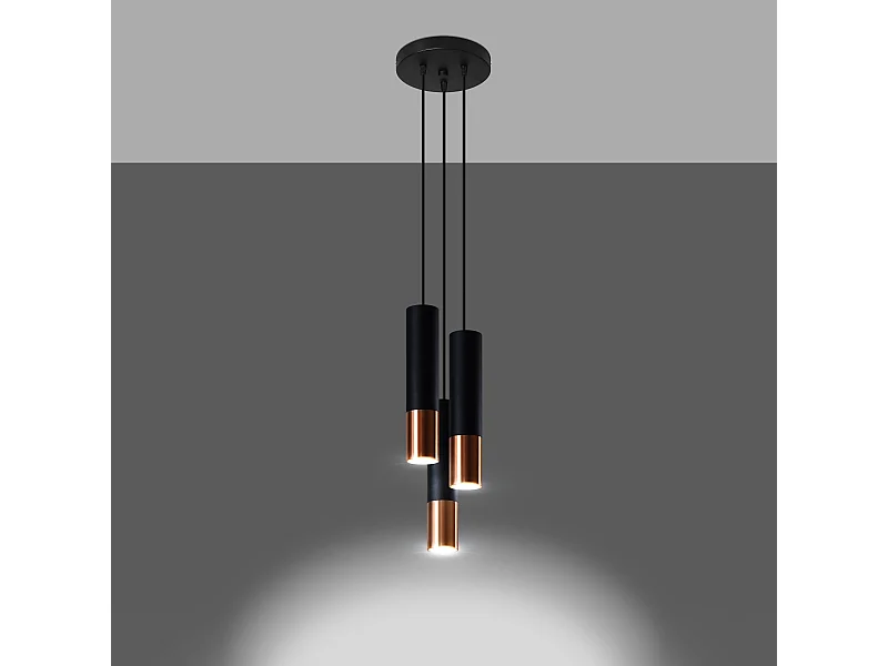 Lampes suspendues Zarpex moderne en acier - 3 sources lumineuses 3000K - L.20 x H.90 cm - noir/cuivre