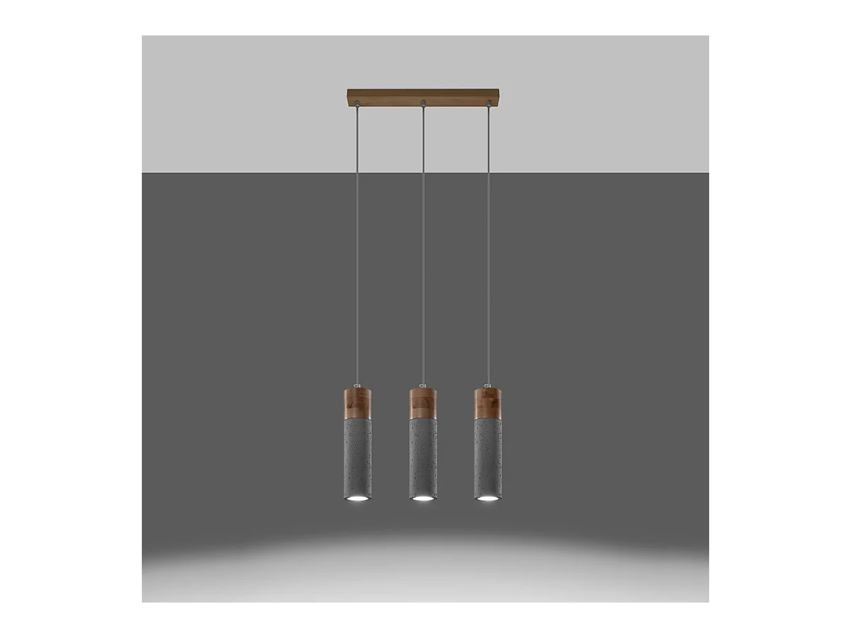 Lampy wiszące industrialny Avier, beton - 3 źródło światła 4000K - L.45 x H.120 cm - szary/naturalne drewno