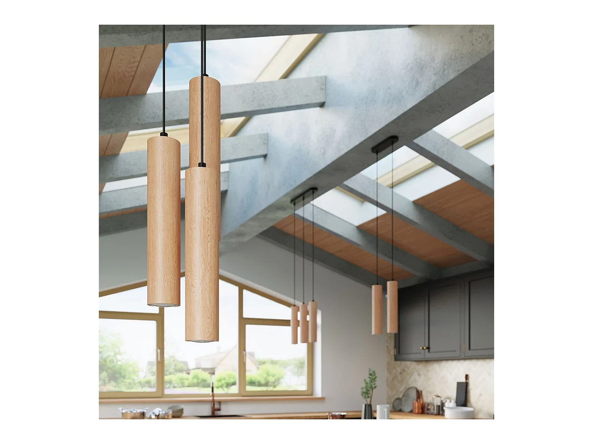 Lampy wiszące skandynawski Silno, drewno - 3 źródło światła 4000K - L.20 x H.100 cm - naturalne drewno