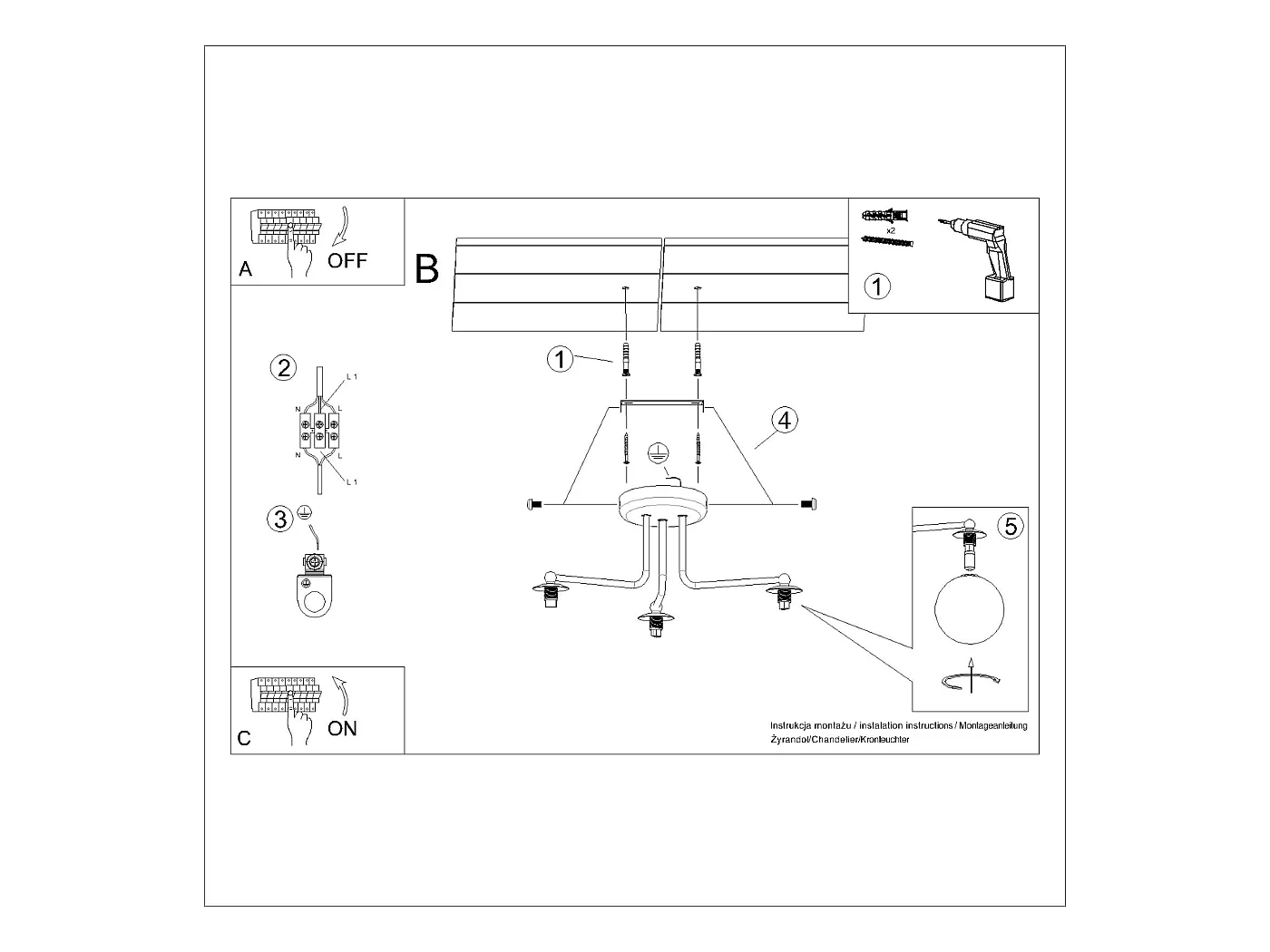 Kroonluchter Bealy minimalistisch van  - 3 lichtbronnen 4000K - L.62 x H.29 cm - zwart/wit