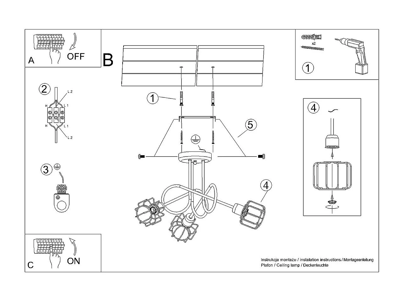 Żyrandole nowoczesny Celubi, stal - 3 źródło światła 4000K - L.48 x H.28.5 cm - czarny