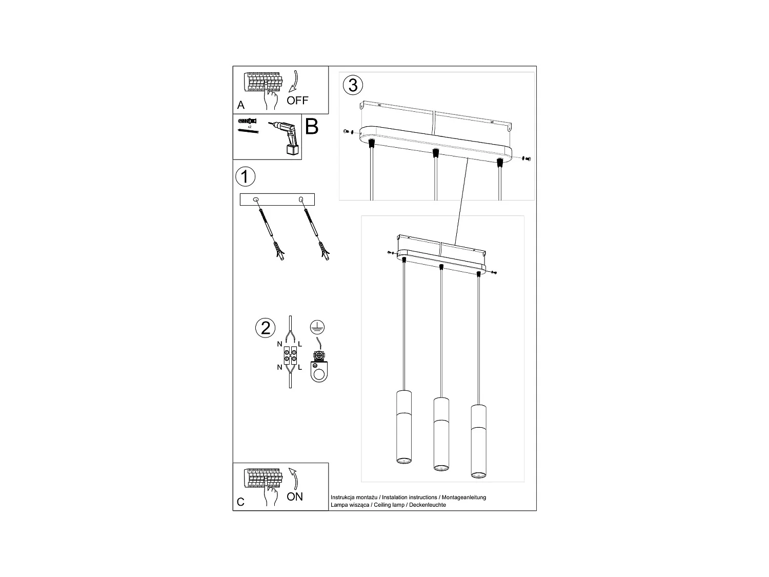 Hanglampen Lume modern van  - 3 lichtbronnen 4000K - L.45 x H.90 cm - zwart grijs