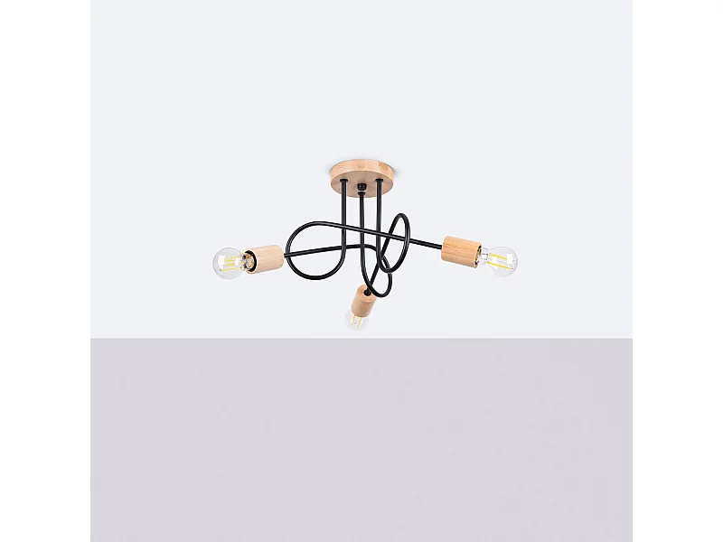 Lustre Sparkon minimaliste en acier/bois - 3 sources lumineuses 4000K - L.14 x H.26 cm - noir/bois naturel