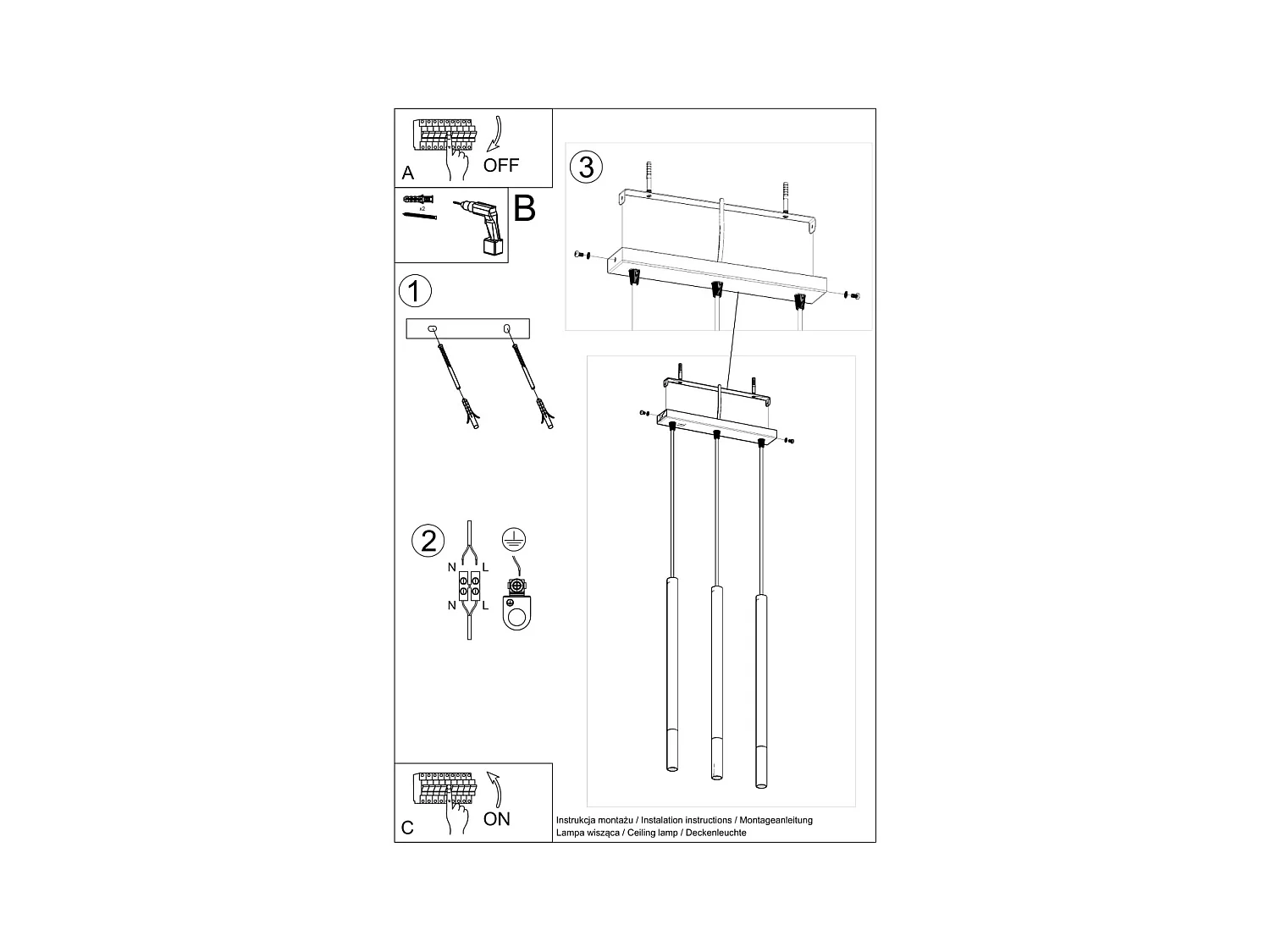 Lampes suspendues Flar moderne en acier - 3 sources lumineuses 4000K - L.30 x H.90 cm - noir/chromé