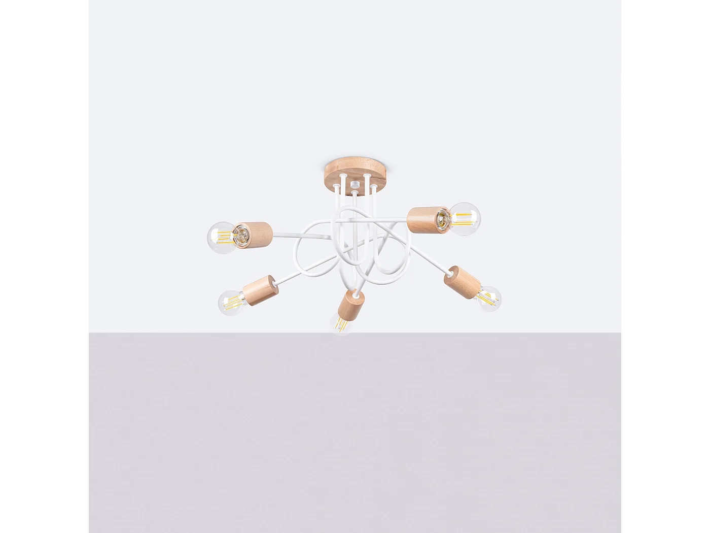 Lustre Sparkon minimaliste en acier/bois - 5 sources lumineuses 4000K - L.15 x H.26 cm - blanc/bois naturel