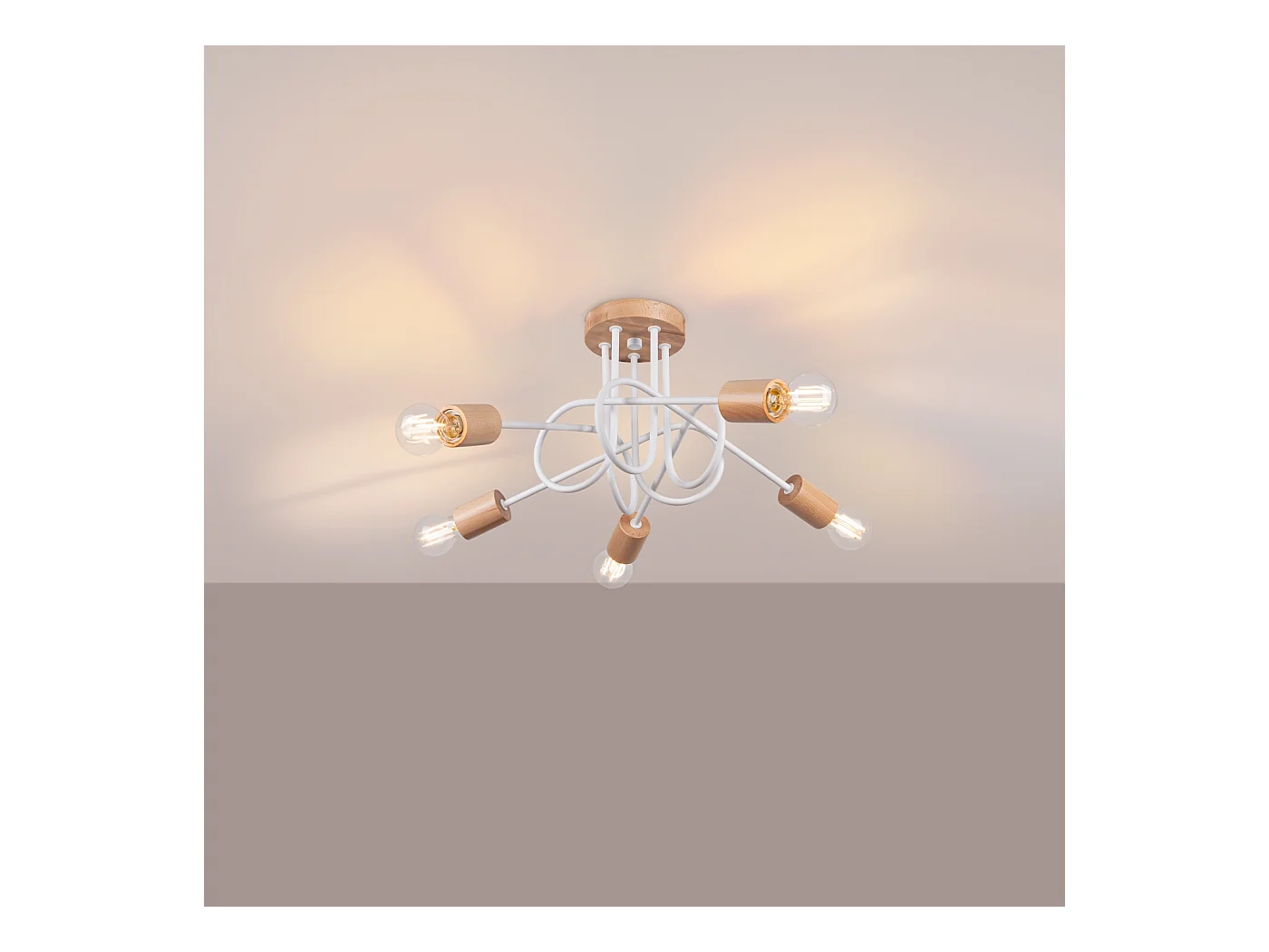 Lustre Sparkon minimaliste en acier/bois - 5 sources lumineuses 4000K - L.15 x H.26 cm - blanc/bois naturel
