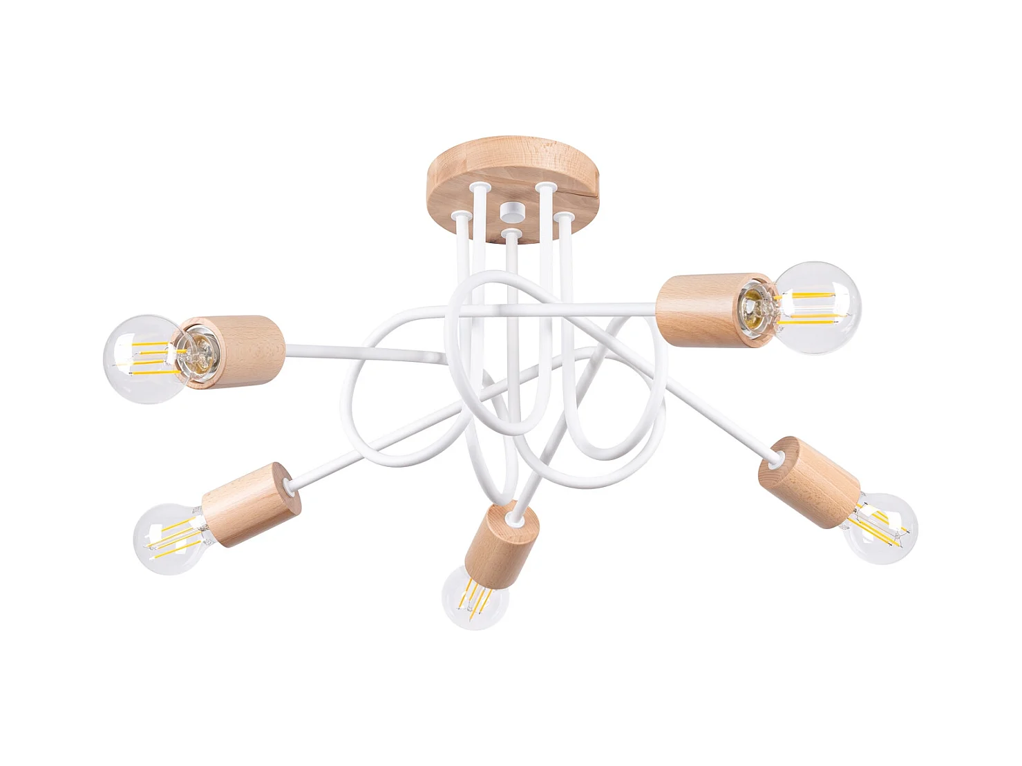 Lustre Sparkon minimaliste en acier/bois - 5 sources lumineuses 4000K - L.15 x H.26 cm - blanc/bois naturel