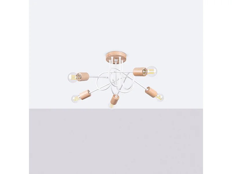 Kroonluchter Sparkon minimalistisch van  - 5 lichtbronnen 4000K - L.15 x H.26 cm - wit/natuurlijk hout