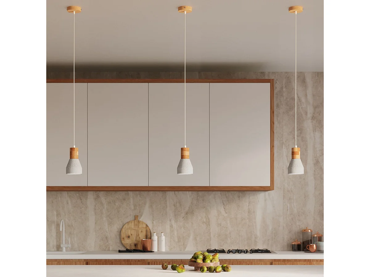 Lampes suspendues Polaric moderne en béton - 1 sources lumineuses 4000K - L.10 x H.120 cm - gris/bois naturel