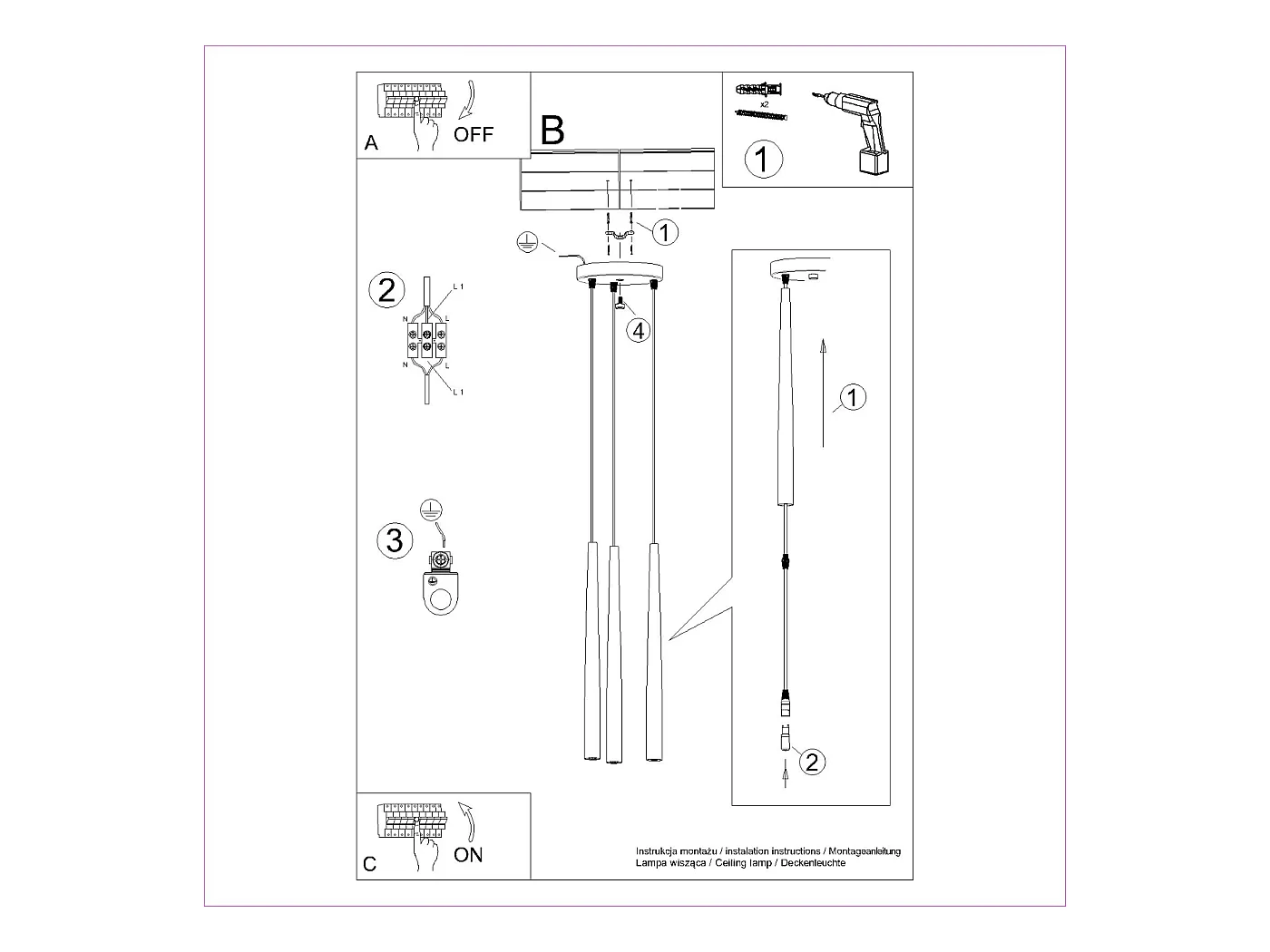Lampe à suspension Euphora moderne en acier - 3 sources lumineuses 4000K - L.19,5 x H.118 cm - noir