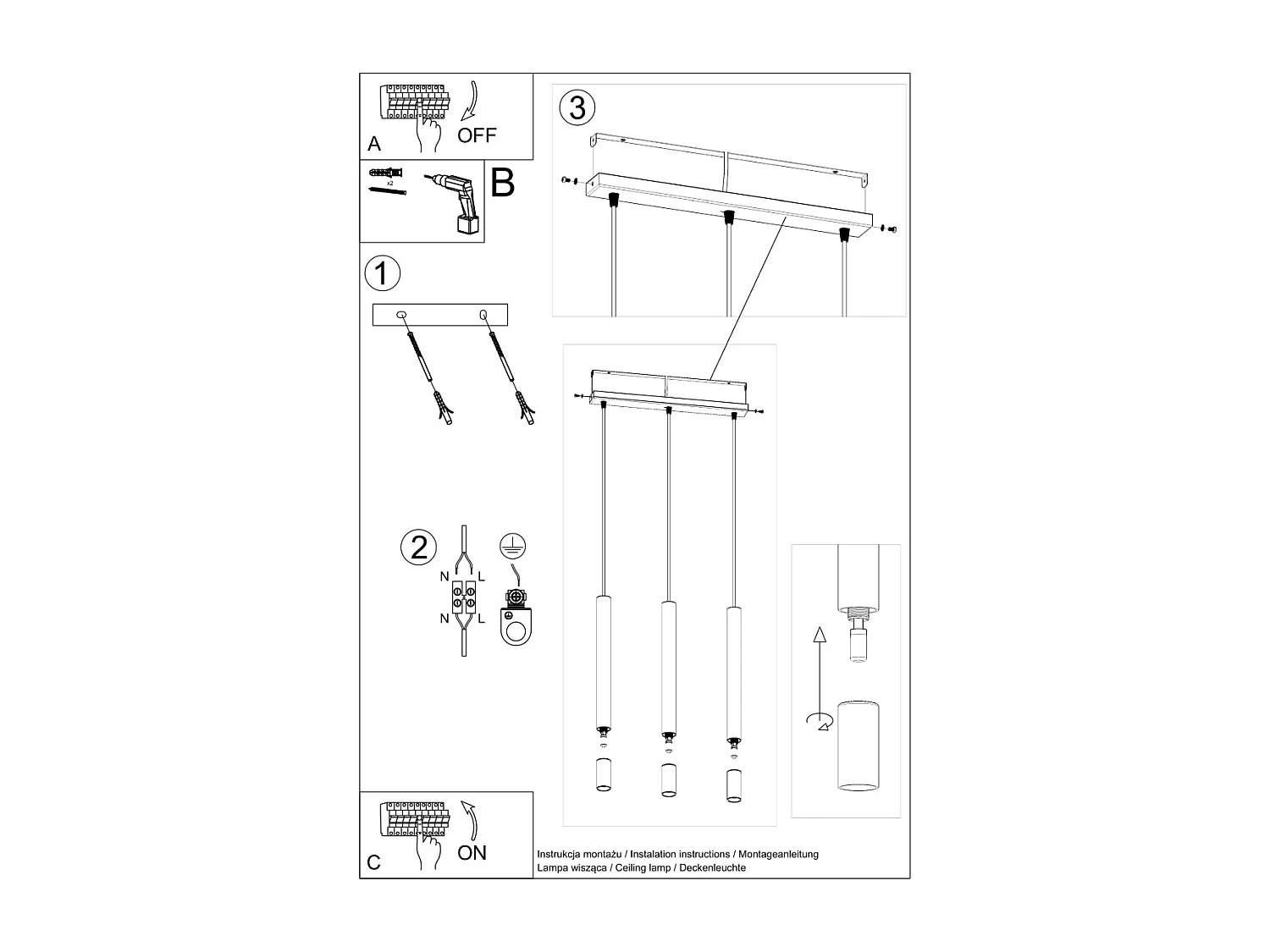Lampes suspendues Eclim moderne en acier/verre - 3 sources lumineuses 4000K - L.45 x H.120 cm - blanc