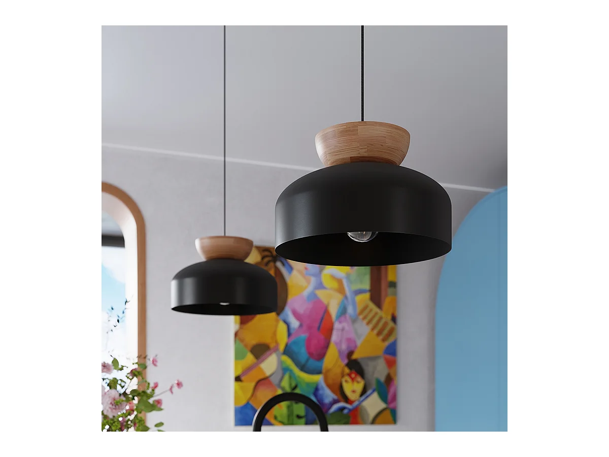 Lampy wiszące skandynawski Zeleron, drewno/stal - 1 źródło światła 4000K - L.29.5 x H.130 cm - czarny/naturalne drewno
