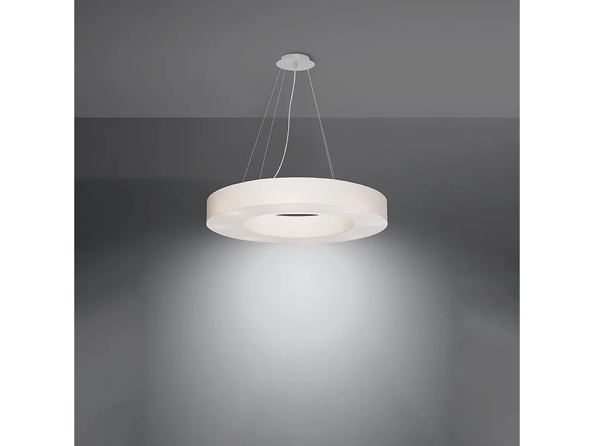 Lustres Astrona slim minimaliste en tissu/PVC/acier - 6 sources lumineuses 4000K - L.70 x H.102 cm - blanc