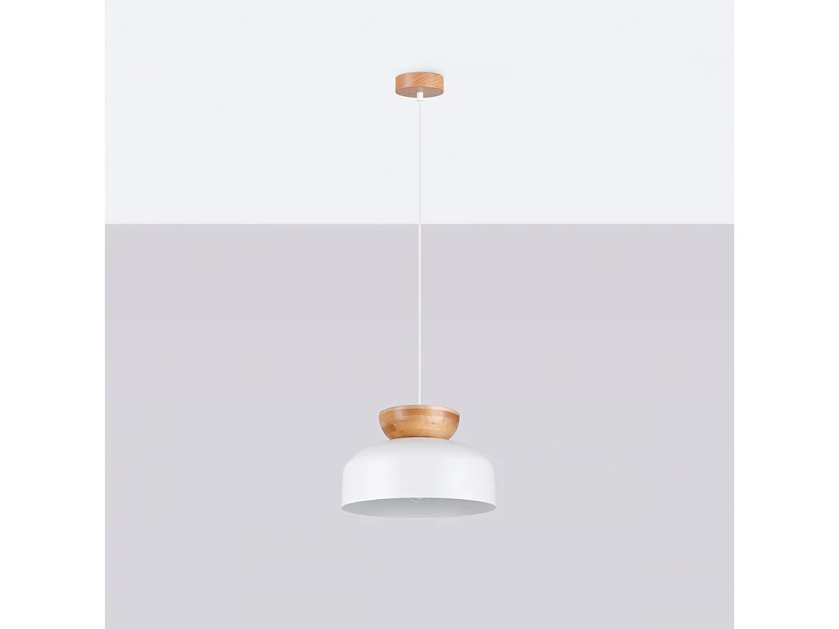Pendentif Zeleron scandinave en bois/acier - 1 sources lumineuses 4000K - L.29,5 x H.130 cm - blanc/bois naturel