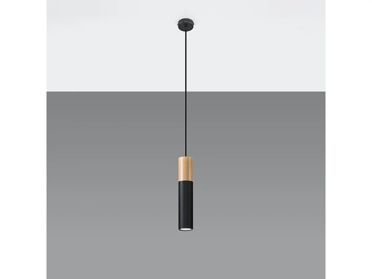 Lampes suspendues Poblano moderne en acier/bois - 1 sources lumineuses 4000K - L.8 x H.105 cm - bois naturel/noir
