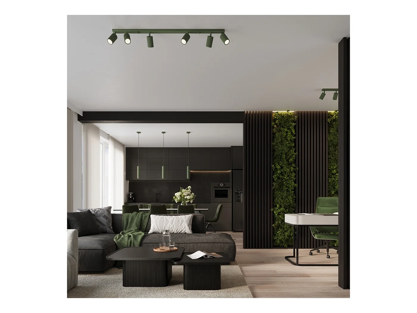 Hanglamp Gloow minimalistisch van  - 3 lichtbronnen 4000K - L.45 x H.98 cm - olijfgroen