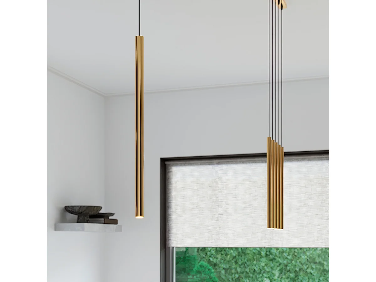 Lampes suspendues Brill moderne en acier - 5 sources lumineuses 4000K - L.25 x H.110 cm - doré