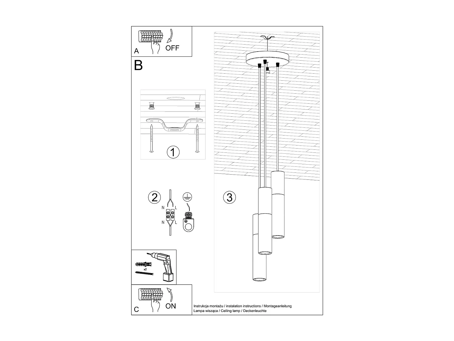 Lampes suspendues Lume moderne en acier/béton - 3 sources lumineuses 4000K - L.20 x H.110 cm - blanc/gris