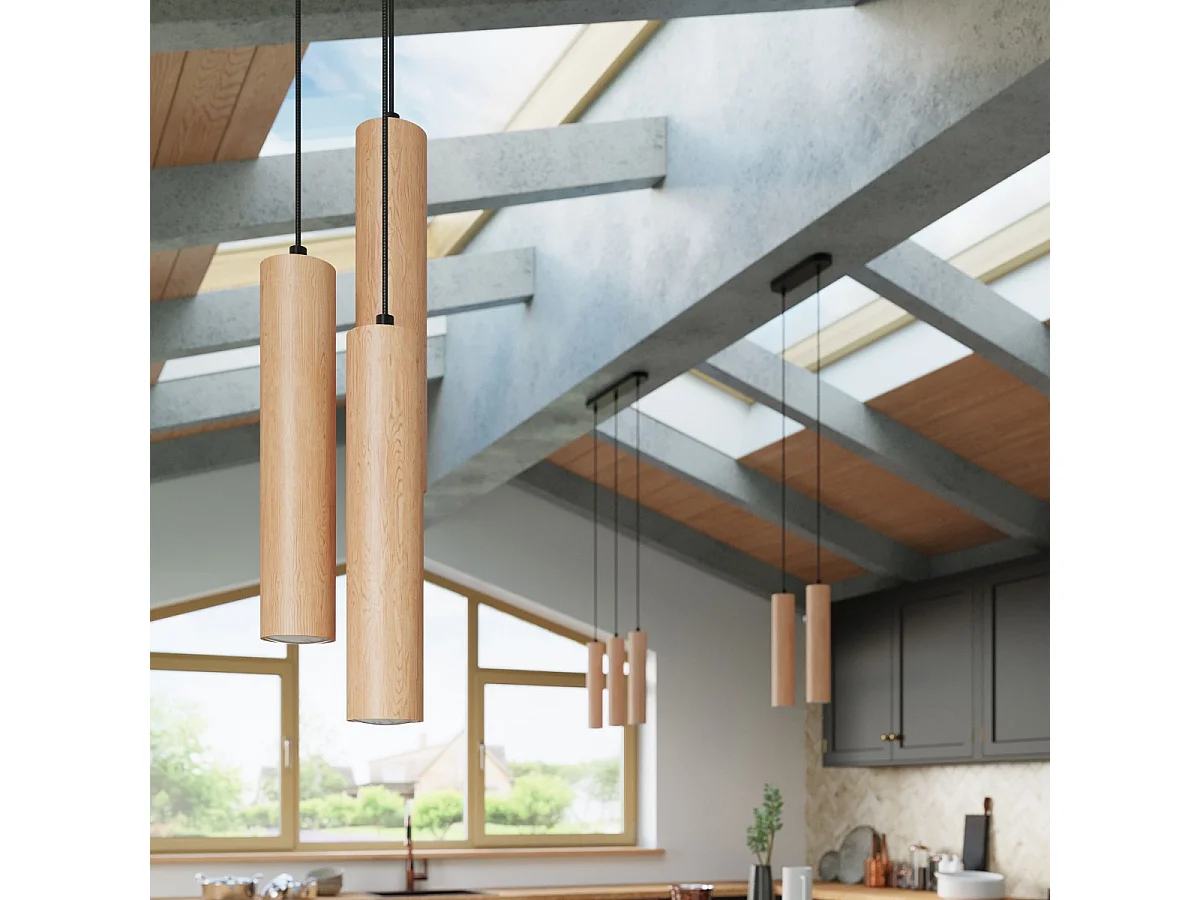 Lampes suspendues Silno scandinave en bois - 3 sources lumineuses 3000K - L.20 x H.100 cm - bois naturel