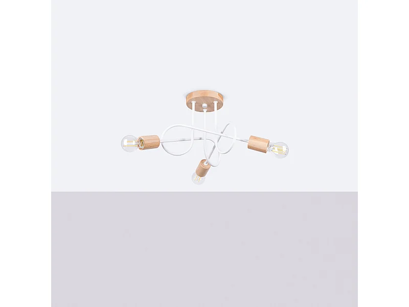 Lustre Sparkon minimaliste en acier/bois - 3 sources lumineuses 4000K - L.14 x H.26 cm - blanc/bois naturel