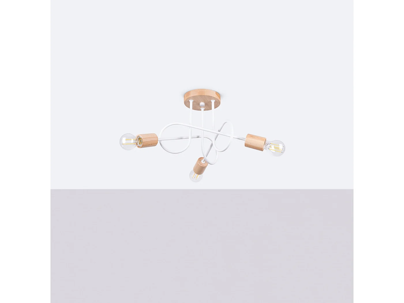 Lampadario Sparkon minimalista di acciaio/legno - 3 sorgenti luminose 4000K - L.14 x A.26 cm - bianco/legno naturale