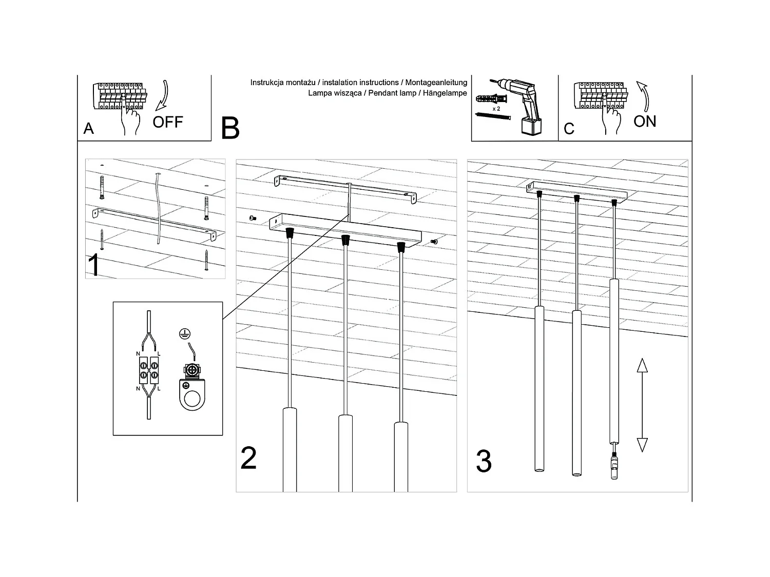 Lampada a sospensione Brill moderno di acciaio - 3 sorgenti luminose 4000K - L.30 x A.94 cm - ocra rossa